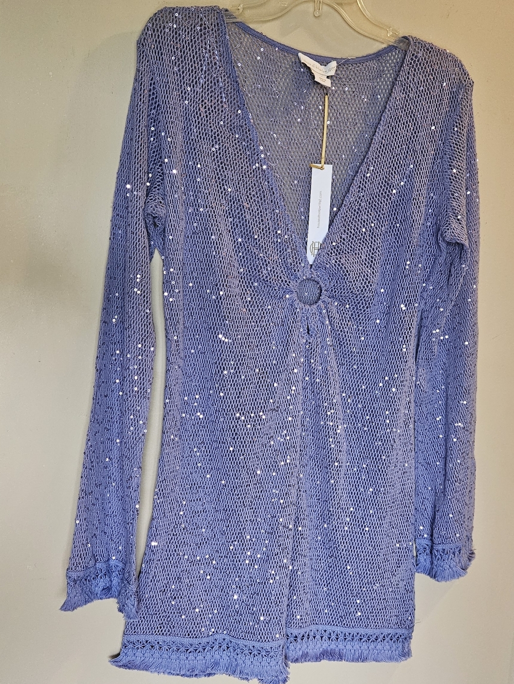 NEW! HOUSE OF HARLOW 1969 Cotton Crochet Sequin Lilac Swimsuit Cover Up Small. - Picture 3 of 8
